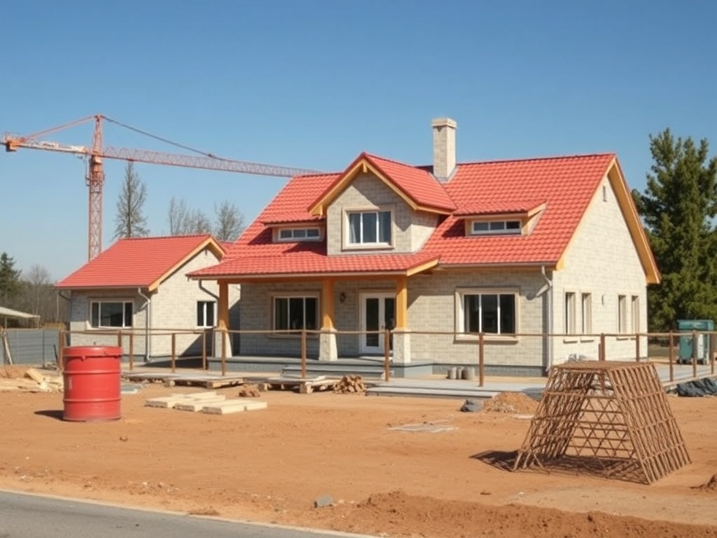 Строящийся дом с красной крышей, вокруг строительные материалы и краны на фоне ясного неба.