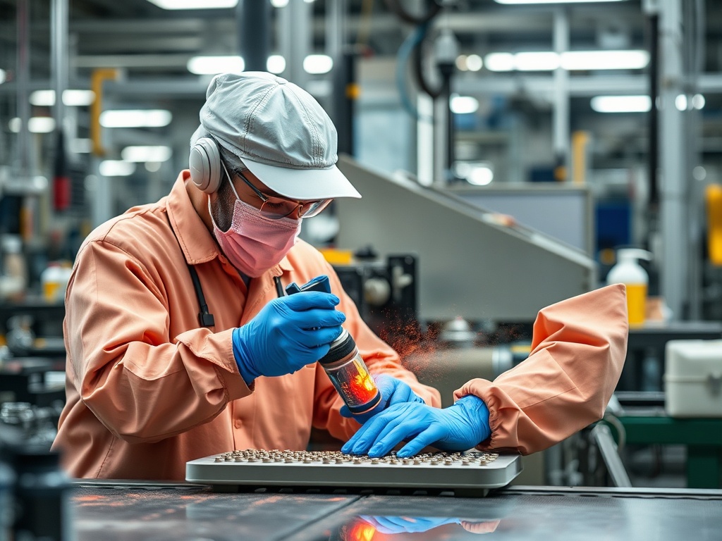 Рабочий в защитной одежде использует инструмент для обработки деталей на заводе. Строится новая технология.