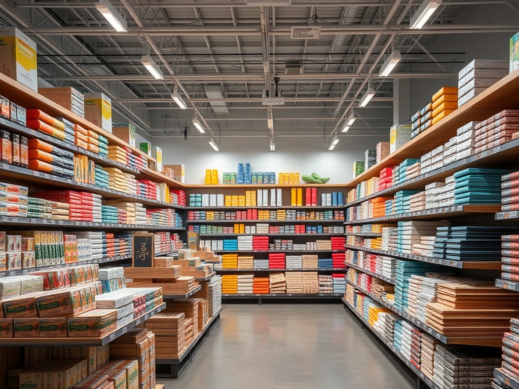Яркий магазин с полками, полными упаковок бумаги и канцелярских принадлежностей. Разнообразие цветов и форматов.