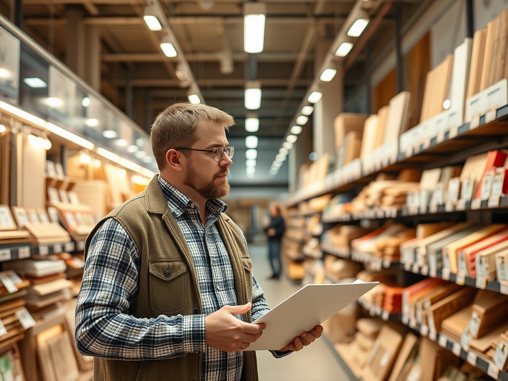 Мужчина с бородой и очками смотрит на планшет в магазине, среди полок с материалами и канцелярией.