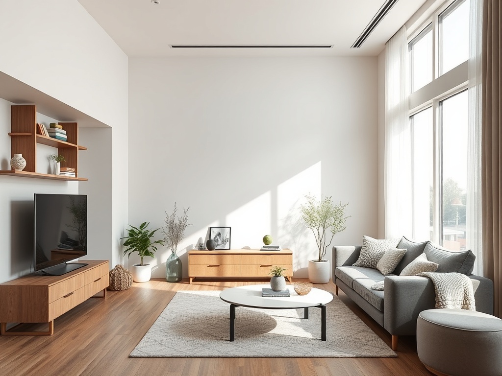 Современная гостиная с мягким диваном, телевизором и уютным декором на фоне больших окон.