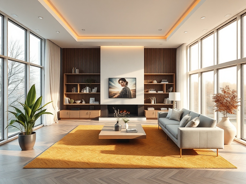 Современная гостиная с большими окнами, светлой мебелью и уютным декором на оранжевом ковре.