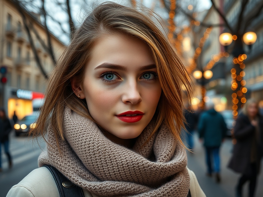 На улице стоит молодая женщина с золотистыми волосами, нежным макияжем и теплыми аксессуарами.