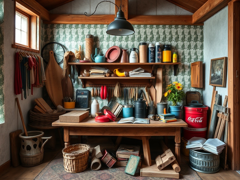 В комнате с деревянным столом и полками, полными инструментов и предметов для творчества. Светлая и уютная атмосфера.