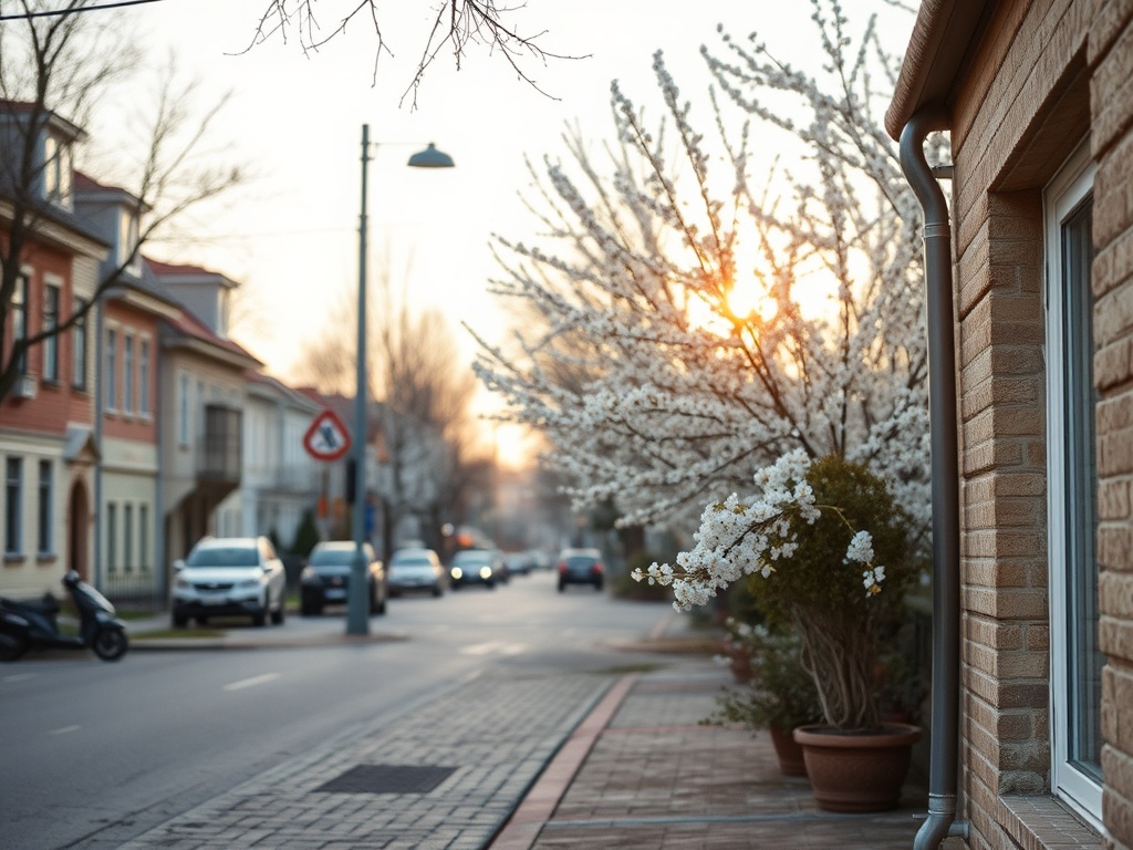 Улица с цветущими деревьями и домами на фоне заката, создающими атмосферу спокойствия.