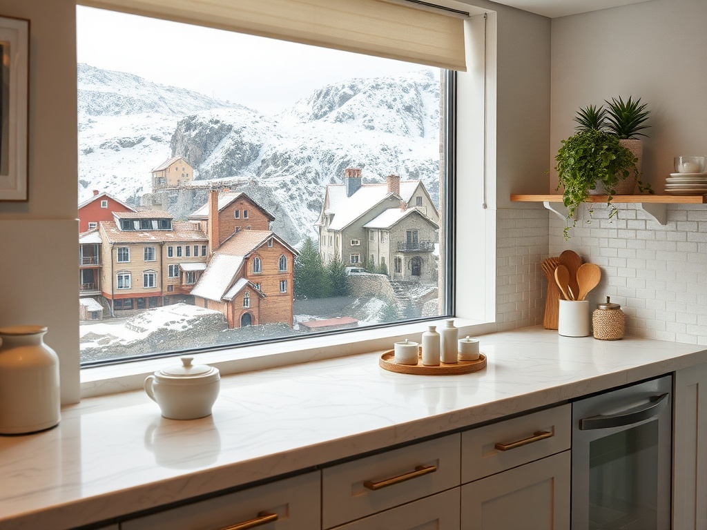 Современная кухня с окном на зимний пейзаж и живописные дома на склоне горы.