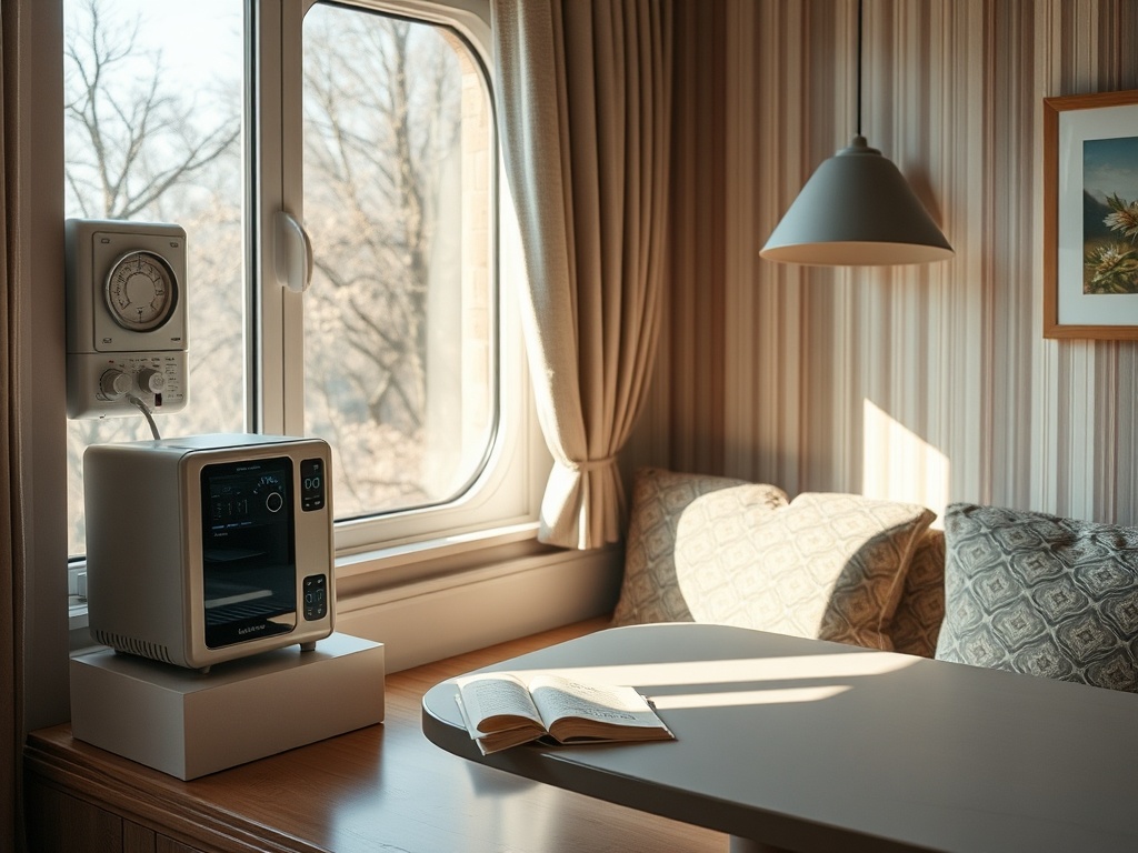 В уютной комнате стоят микроволновая печь и настольная лампа, рядом окно с занавесками и открытая книга.