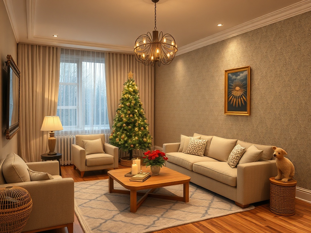 Комфортная гостиная с рождественской елкой, светом, диваном и накрытым столом. Уютная атмосфера праздника.