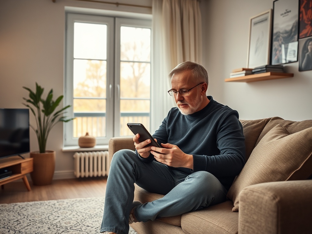 Пожилой мужчина сидит на диване и смотрит в смартфон в светлой комнате. Рядом стоят растения и телевизор.