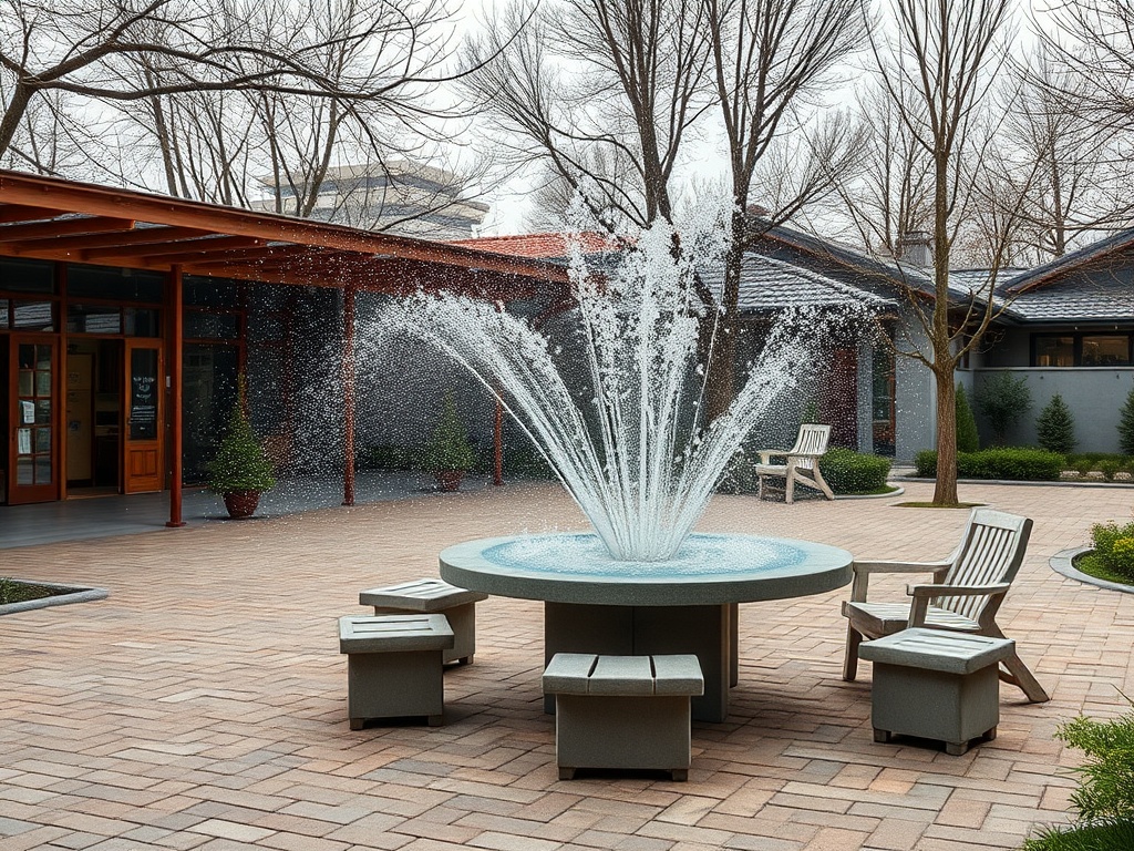 Фонтан на площадке с деревянной беседкой и скамейками, окружённый голыми деревьями.