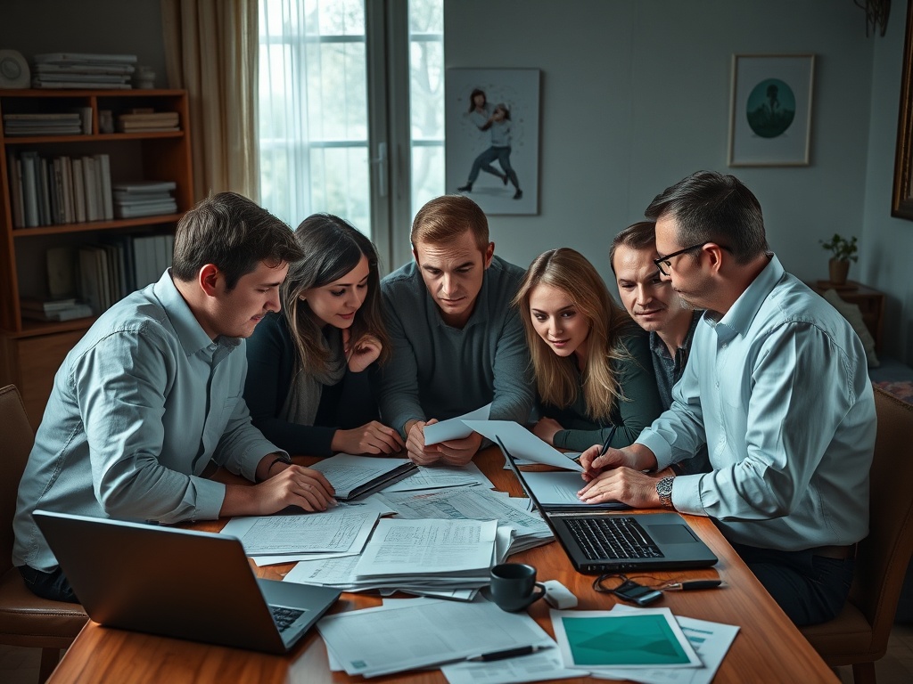 Группа людей обсуждает документы, работающая за столом, с ноутбуком и бумагами вокруг.