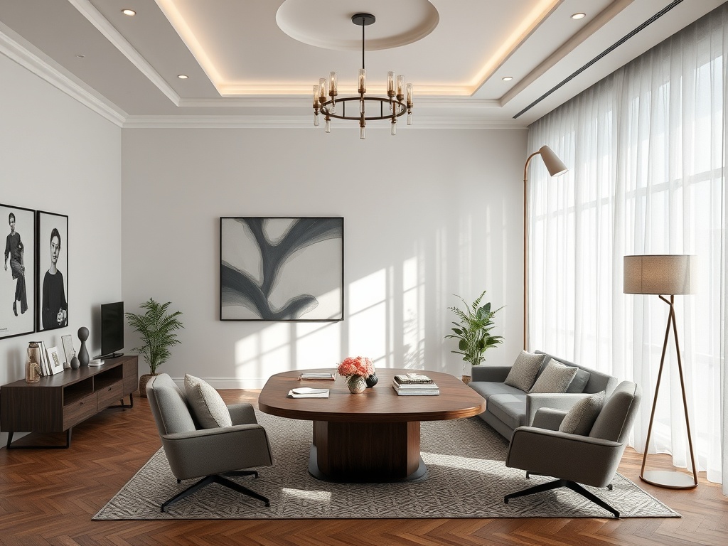 Современный офис: стильная мебель, большие окна, светлый интерьер с красивыми акцентами и уютной атмосферой.