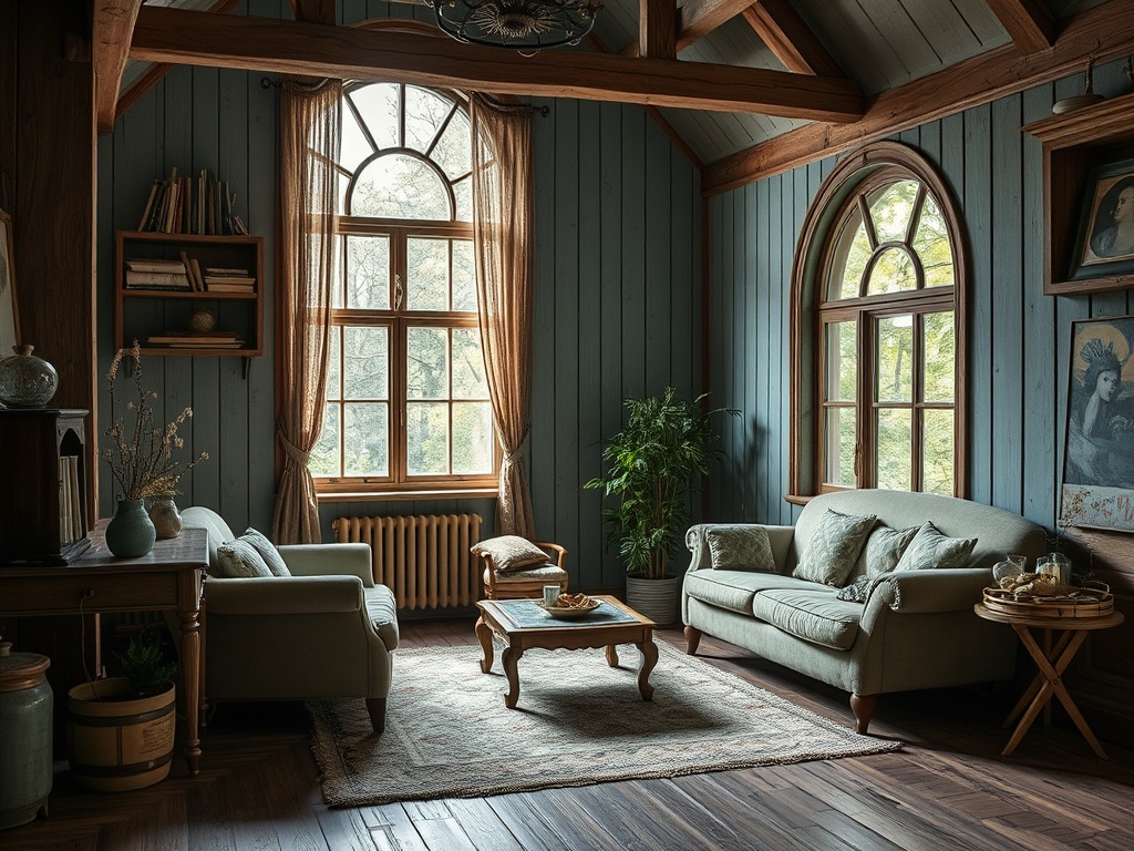 Уютная гостиная с большими окнами, мягкой мебелью и зелеными растениями в природном светлом интерьере.