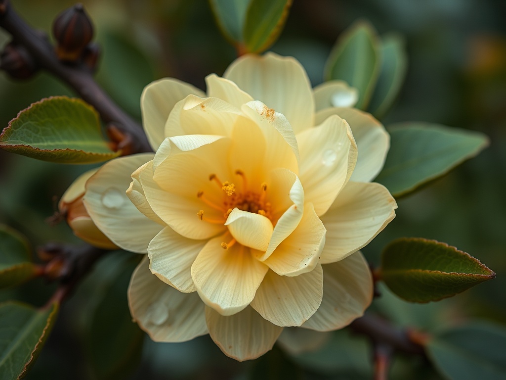 Элегантный светло-желтый цветок с каплями воды на лепестках и зелеными листьями на фоне.