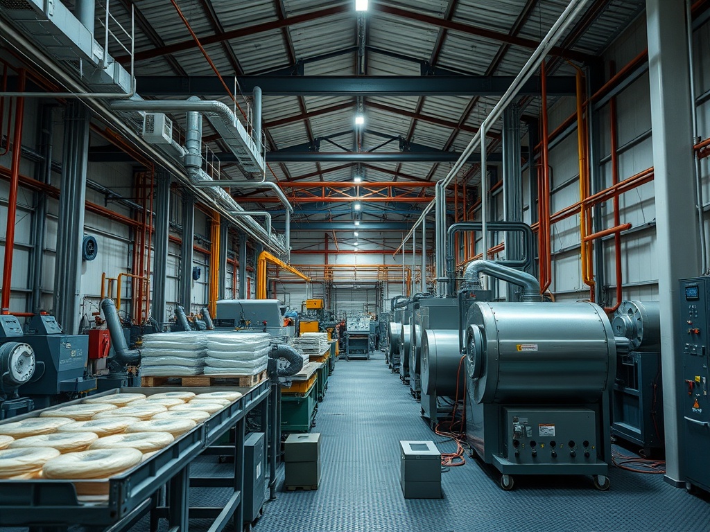 Склад с промышленным оборудованием, выделяющимся яркими трубами и аккуратно упакованными изделиями.