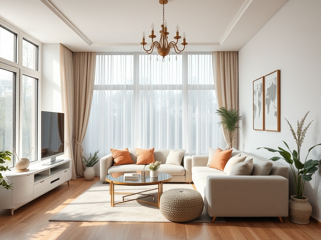 Современная гостиная с мягким диваном, яркими подушками и большими окнами, пропускающими солнечный свет.