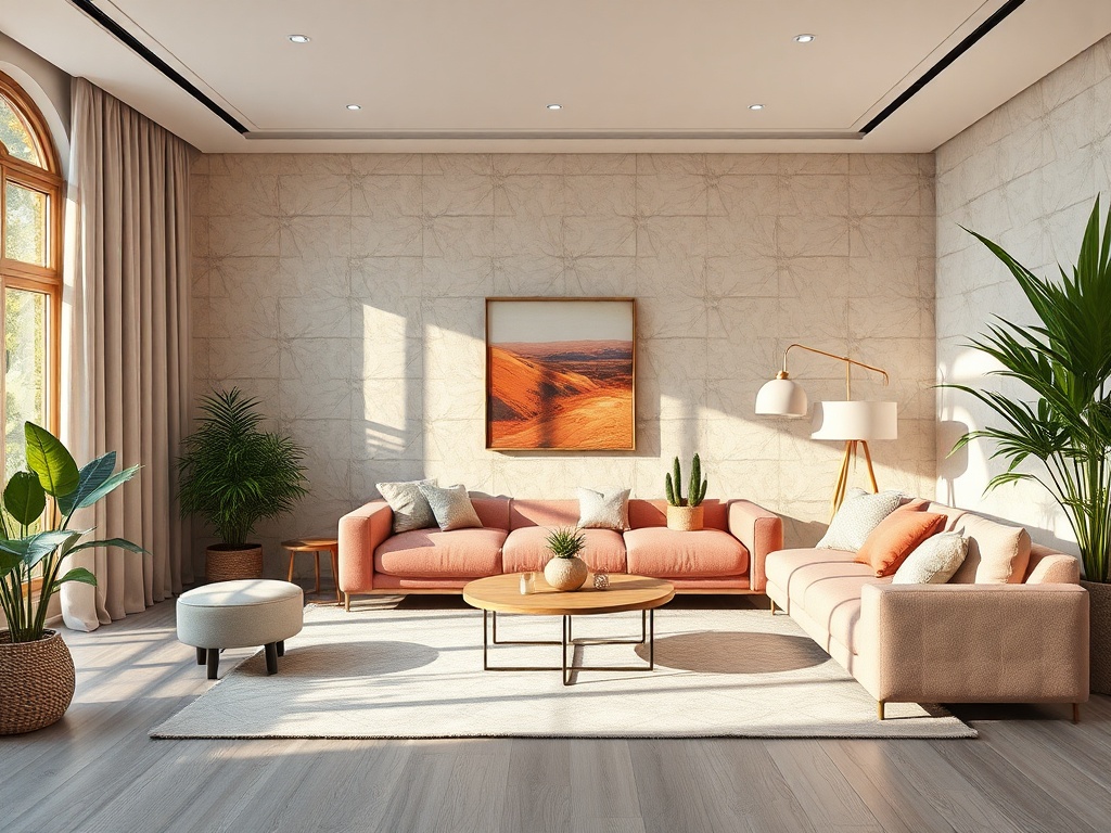 Современная гостиная с розовыми диванами, зелеными растениями и ярким искусством на стене. Просторно и уютно.