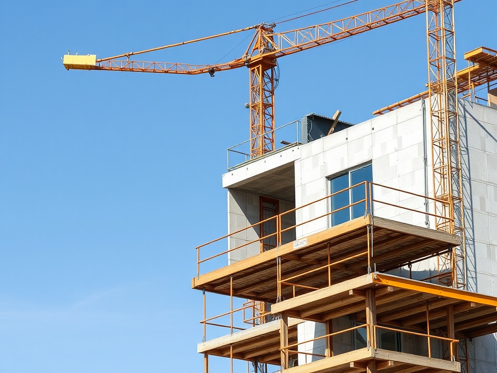 Строящийся дом с желтой строительной Crane и деревянными подмостями на фоне голубого неба.