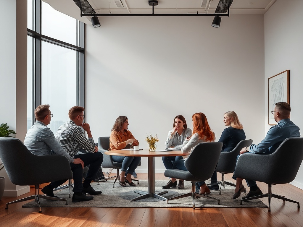 Группа людей обсуждает идеи за круглым столом в светлом офисе с большими окнами.