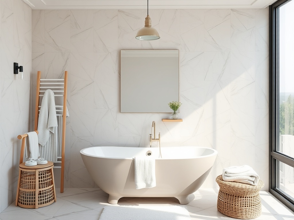 Современная ванная комната с белой ванной, зеркалом и минималистичным декором. Светло и уютно.