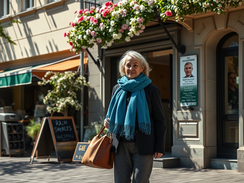 На улице стоит женщина в возрасте с серыми волосами и голубым шарфом, вокруг цветы и кафе.