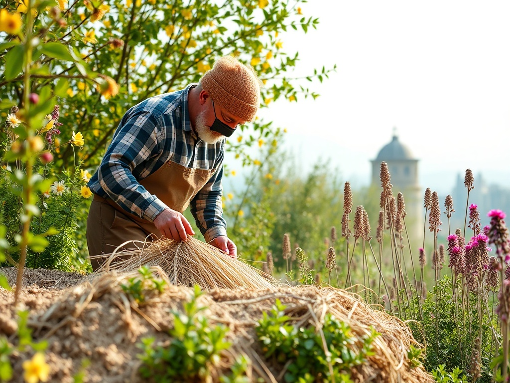 Старший мужчина в саду работает с растениями, окружённый цветами и зеленью. На фоне виден купол здания.