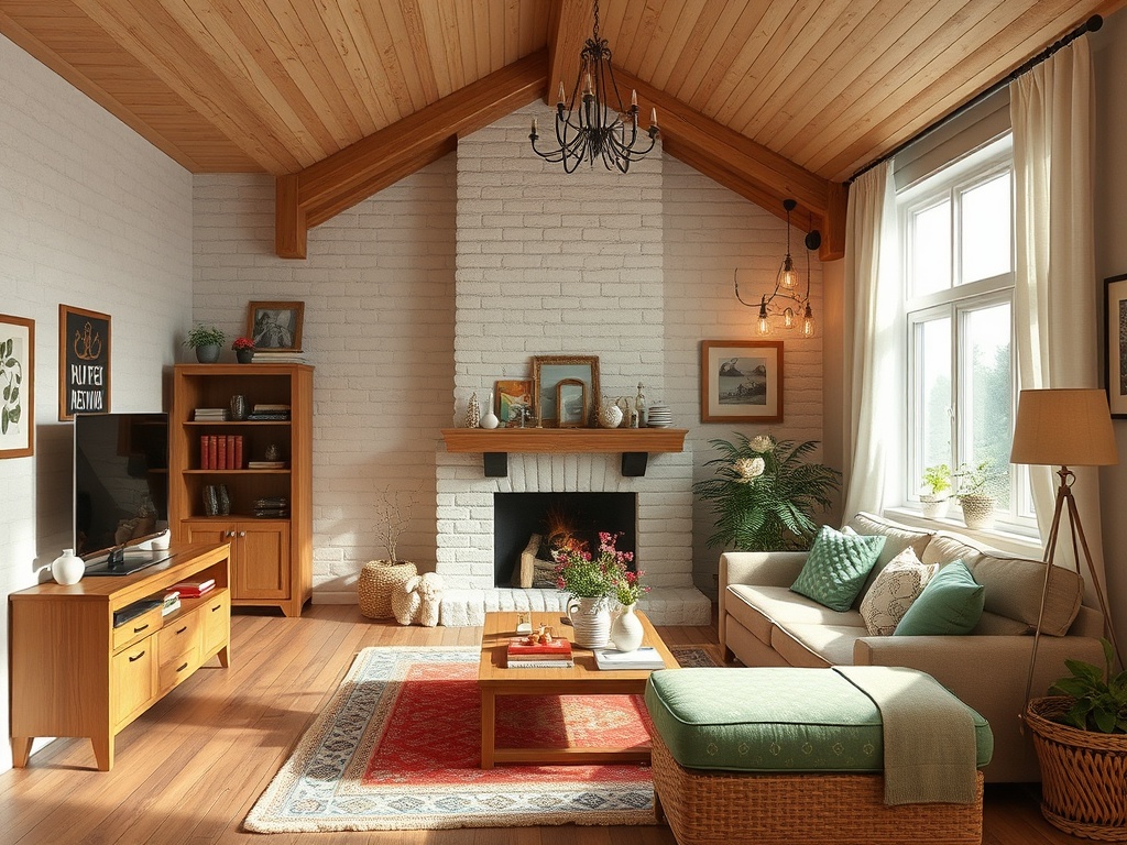 Светлая гостиная с деревянным потолком, камином, уютной мебелью и зелеными растениями у окна.