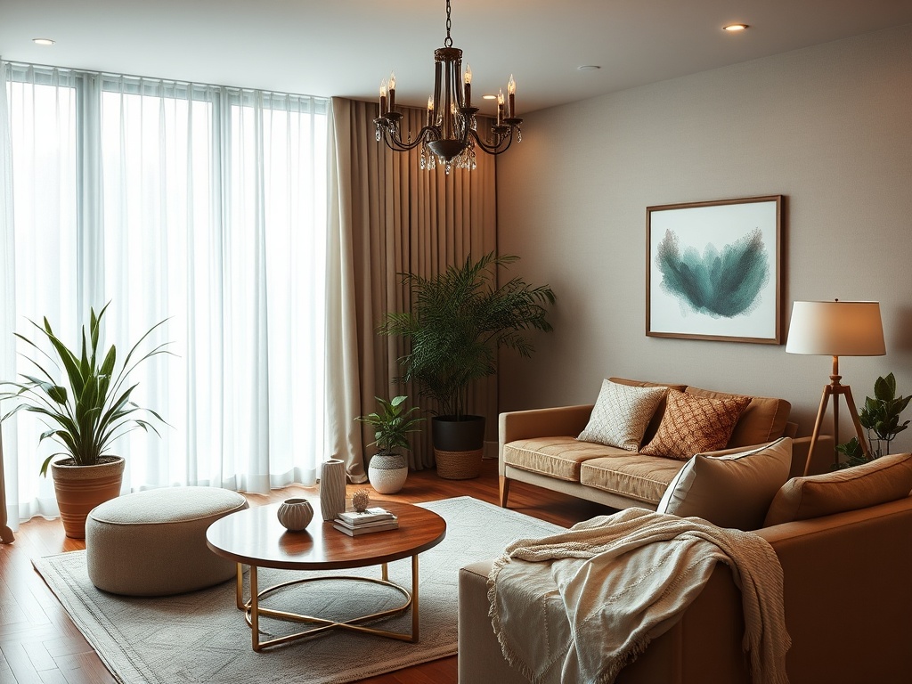 Уютная гостиная с диваном, растениями и большой люстрой. Мягкий свет и спокойная атмосфера.