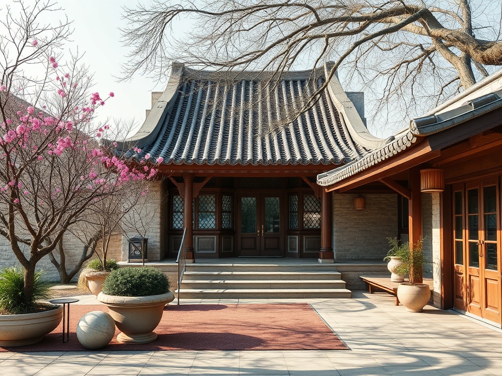 Старинное здание с крышей в традиционном стиле, окруженное цветущими деревьями и зеленью.
