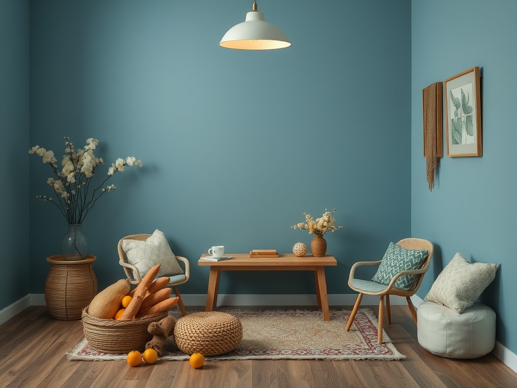 Современная гостиная с синими стенами, деревянной мебелью и элементами декора в спокойных тонах.